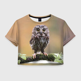 Женская футболка Crop-top 3D с принтом СОВЕНОК в Екатеринбурге, 100% полиэстер | круглая горловина, длина футболки до линии талии, рукава с отворотами | animal | bird | животные | звери | лес | малыш | природа | птенец | птицы | сова | совенок