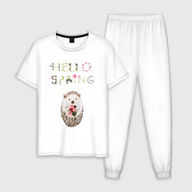 Мужская пижама хлопок с принтом Hello Spring! в Екатеринбурге, 100% хлопок | брюки и футболка прямого кроя, без карманов, на брюках мягкая резинка на поясе и по низу штанин
 | Тематика изображения на принте: 8 марта | dreams | всемирный женский день | ежик | иголки | цветы