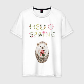 Мужская футболка хлопок с принтом Hello Spring! в Екатеринбурге, 100% хлопок | прямой крой, круглый вырез горловины, длина до линии бедер, слегка спущенное плечо. | 8 марта | dreams | всемирный женский день | ежик | иголки | цветы