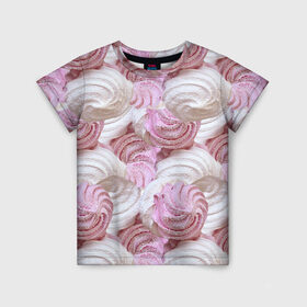 Детская футболка 3D с принтом Зефир белый и розовый в Екатеринбурге, 100% гипоаллергенный полиэфир | прямой крой, круглый вырез горловины, длина до линии бедер, чуть спущенное плечо, ткань немного тянется | валентинов день | влюбленные | зефир | любовь | пирожное | романтика | сладости