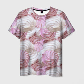 Мужская футболка 3D с принтом Зефир белый и розовый в Екатеринбурге, 100% полиэфир | прямой крой, круглый вырез горловины, длина до линии бедер | Тематика изображения на принте: валентинов день | влюбленные | зефир | любовь | пирожное | романтика | сладости