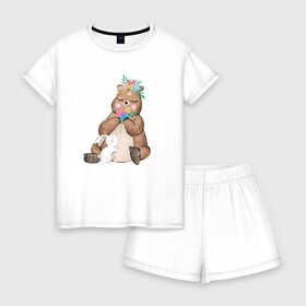 Женская пижама с шортиками хлопок с принтом Медведица в Екатеринбурге, 100% хлопок | футболка прямого кроя, шорты свободные с широкой мягкой резинкой | мама | медвежонок | цветы