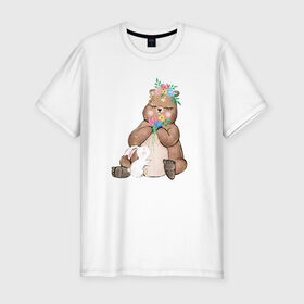Мужская футболка хлопок Slim с принтом Медведица в Екатеринбурге, 92% хлопок, 8% лайкра | приталенный силуэт, круглый вырез ворота, длина до линии бедра, короткий рукав | мама | медвежонок | цветы