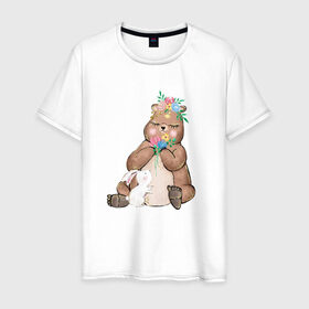 Мужская футболка хлопок с принтом Медведица в Екатеринбурге, 100% хлопок | прямой крой, круглый вырез горловины, длина до линии бедер, слегка спущенное плечо. | мама | медвежонок | цветы