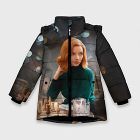 Зимняя куртка для девочек 3D с принтом Queens Gambit Ход Королевы в Екатеринбурге, ткань верха — 100% полиэстер; подклад — 100% полиэстер, утеплитель — 100% полиэстер. | длина ниже бедра, удлиненная спинка, воротник стойка и отстегивающийся капюшон. Есть боковые карманы с листочкой на кнопках, утяжки по низу изделия и внутренний карман на молнии. 

Предусмотрены светоотражающий принт на спинке, радужный светоотражающий элемент на пуллере молнии и на резинке для утяжки. | the queens gambit | бэт хармон | королева | милая девушка | рыжая | рыжая девушка | сериал | сериал про шахматы | ход королевы | шахматы | элизабет хармон