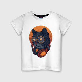 Детская футболка хлопок с принтом Кот с наушниками в Екатеринбурге, 100% хлопок | круглый вырез горловины, полуприлегающий силуэт, длина до линии бедер | животные | закат | кот | музыка | наушники | очки | солнце | уши | хипстер