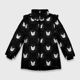 Зимняя куртка для девочек 3D с принтом Светящиеся мордочки котов в Екатеринбурге, ткань верха — 100% полиэстер; подклад — 100% полиэстер, утеплитель — 100% полиэстер. | длина ниже бедра, удлиненная спинка, воротник стойка и отстегивающийся капюшон. Есть боковые карманы с листочкой на кнопках, утяжки по низу изделия и внутренний карман на молнии. 

Предусмотрены светоотражающий принт на спинке, радужный светоотражающий элемент на пуллере молнии и на резинке для утяжки. | tegunvteg | звезды | кот | кошка | луна | ночь | светящийся