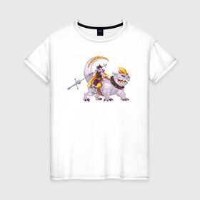 Женская футболка хлопок с принтом Всадник в Екатеринбурге, 100% хлопок | прямой крой, круглый вырез горловины, длина до линии бедер, слегка спущенное плечо | всадник | динозаврик | динопёс | копье | наездник