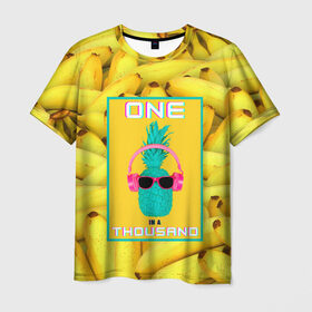 Мужская футболка 3D с принтом Крутой ананас в Екатеринбурге, 100% полиэфир | прямой крой, круглый вырез горловины, длина до линии бедер | 3d | tegunvteg | ананас | бананы | бирюзовый | единственный | желтый | надпись | наушники | один | один на тысячу | одна на тысячу | очки | полная запечатка | розовый | самовыражение