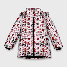 Зимняя куртка для девочек 3D с принтом Love в Екатеринбурге, ткань верха — 100% полиэстер; подклад — 100% полиэстер, утеплитель — 100% полиэстер. | длина ниже бедра, удлиненная спинка, воротник стойка и отстегивающийся капюшон. Есть боковые карманы с листочкой на кнопках, утяжки по низу изделия и внутренний карман на молнии. 

Предусмотрены светоотражающий принт на спинке, радужный светоотражающий элемент на пуллере молнии и на резинке для утяжки. | 14 февраля | love | valentines day | валентинка | вторая половинка | день всех влюбленных | купидон | любовь | отношения | подарок любви | поцелуй | праздник любви | розы | романтика | свидание | сердечки