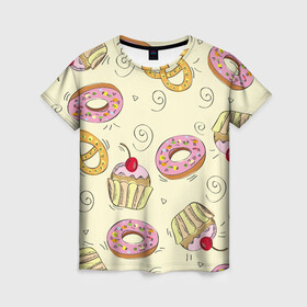 Женская футболка 3D с принтом Узор Сладости в Екатеринбурге, 100% полиэфир ( синтетическое хлопкоподобное полотно) | прямой крой, круглый вырез горловины, длина до линии бедер | детский | диета | желтый | капкейк | крендель | нарисованный | паттерн | пирожок | пончик | розовый | сладости | узор