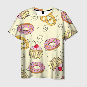 Мужская футболка 3D с принтом Узор Сладости в Екатеринбурге, 100% полиэфир | прямой крой, круглый вырез горловины, длина до линии бедер | детский | диета | желтый | капкейк | крендель | нарисованный | паттерн | пирожок | пончик | розовый | сладости | узор