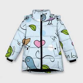 Зимняя куртка для девочек 3D с принтом Влюбленные птички в Екатеринбурге, ткань верха — 100% полиэстер; подклад — 100% полиэстер, утеплитель — 100% полиэстер. | длина ниже бедра, удлиненная спинка, воротник стойка и отстегивающийся капюшон. Есть боковые карманы с листочкой на кнопках, утяжки по низу изделия и внутренний карман на молнии. 

Предусмотрены светоотражающий принт на спинке, радужный светоотражающий элемент на пуллере молнии и на резинке для утяжки. | 14 февраля | влюбленным | день святого валентина | детский | любовь | милый | паттерн | птички | сердечки | узор