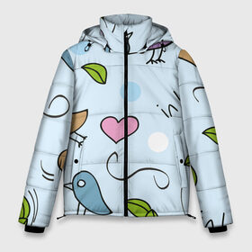Мужская зимняя куртка 3D с принтом Влюбленные птички в Екатеринбурге, верх — 100% полиэстер; подкладка — 100% полиэстер; утеплитель — 100% полиэстер | длина ниже бедра, свободный силуэт Оверсайз. Есть воротник-стойка, отстегивающийся капюшон и ветрозащитная планка. 

Боковые карманы с листочкой на кнопках и внутренний карман на молнии. | 14 февраля | влюбленным | день святого валентина | детский | любовь | милый | паттерн | птички | сердечки | узор
