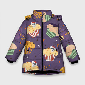 Зимняя куртка для девочек 3D с принтом Узор на Хэллоуин в Екатеринбурге, ткань верха — 100% полиэстер; подклад — 100% полиэстер, утеплитель — 100% полиэстер. | длина ниже бедра, удлиненная спинка, воротник стойка и отстегивающийся капюшон. Есть боковые карманы с листочкой на кнопках, утяжки по низу изделия и внутренний карман на молнии. 

Предусмотрены светоотражающий принт на спинке, радужный светоотражающий элемент на пуллере молнии и на резинке для утяжки. | капкейки | кондитер | летучая мышь | подарок | праздничный | сладости | узор | фиолетовый | хеллоуин | хэллоуин | череп