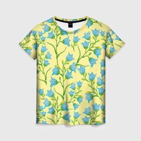 Женская футболка 3D с принтом Колокольчики на желтом фоне в Екатеринбурге, 100% полиэфир ( синтетическое хлопкоподобное полотно) | прямой крой, круглый вырез горловины, длина до линии бедер | 8 марта | flowers | summer | ботаническая иллюстрация | весна | желтый | зеленый | колокольчики | лето | любовь | праздник | принт | природа | растения | цветы