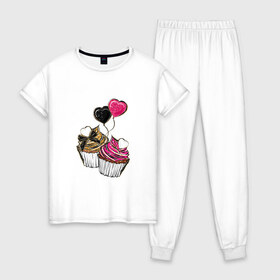 Женская пижама хлопок с принтом Кексики в Екатеринбурге, 100% хлопок | брюки и футболка прямого кроя, без карманов, на брюках мягкая резинка на поясе и по низу штанин | сладости | шары