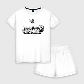 Женская пижама с шортиками хлопок с принтом Котик в Екатеринбурге, 100% хлопок | футболка прямого кроя, шорты свободные с широкой мягкой резинкой | бабочка | животное | котик | милый | пушистик