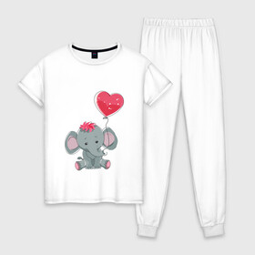 Женская пижама хлопок с принтом Влюбленный слоник в Екатеринбурге, 100% хлопок | брюки и футболка прямого кроя, без карманов, на брюках мягкая резинка на поясе и по низу штанин | Тематика изображения на принте: влюбленность | животные | мальчик | парные | сердце | слоник | шары