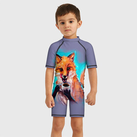 Детский купальный костюм 3D с принтом Лиса с кофе в Екатеринбурге, Полиэстер 85%, Спандекс 15% | застежка на молнии на спине | fox | foxy | животное | звери | лиса | лисенок | лисичка | милая | рыжая | фокс