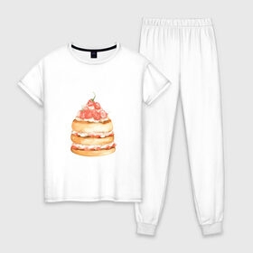 Женская пижама хлопок с принтом Панкейки в Екатеринбурге, 100% хлопок | брюки и футболка прямого кроя, без карманов, на брюках мягкая резинка на поясе и по низу штанин | клубничка | сладости | тортик