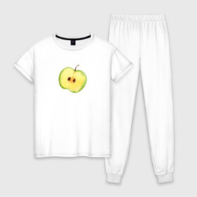 Женская пижама хлопок с принтом Яблочко в Екатеринбурге, 100% хлопок | брюки и футболка прямого кроя, без карманов, на брюках мягкая резинка на поясе и по низу штанин | зеленое | фрукты | яблоко