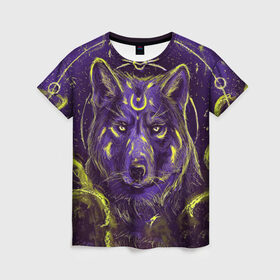 Женская футболка 3D с принтом Волшебный Волк в Екатеринбурге, 100% полиэфир ( синтетическое хлопкоподобное полотно) | прямой крой, круглый вырез горловины, длина до линии бедер | animals | wolf | волк | волки | животные | звери | зверь | магия | одиночество | одиночка | пёс | собака