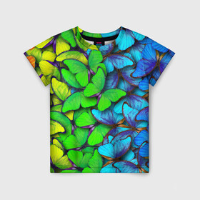Детская футболка 3D с принтом Радужные бабочки в Екатеринбурге, 100% гипоаллергенный полиэфир | прямой крой, круглый вырез горловины, длина до линии бедер, чуть спущенное плечо, ткань немного тянется | абстракция | бабочки | градиент | неон | природа | радуга | узор | фон | яркий узор