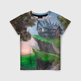 Детская футболка 3D с принтом Гильдия магов в Екатеринбурге, 100% гипоаллергенный полиэфир | прямой крой, круглый вырез горловины, длина до линии бедер, чуть спущенное плечо, ткань немного тянется | fantasy | nature | tree | дерево | дом | зеленый | магия | пейзаж | природа | фэнтези