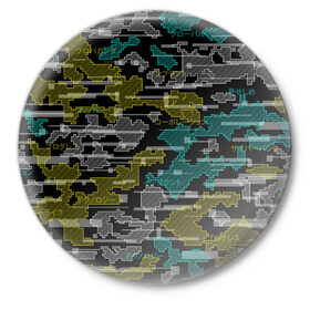 Значок с принтом Futuristic Camo в Екатеринбурге,  металл | круглая форма, металлическая застежка в виде булавки | cyberpunk | glitch | глитч | камуфляж | киберпанк | футуристичный