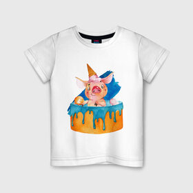 Детская футболка хлопок с принтом Свинка в Екатеринбурге, 100% хлопок | круглый вырез горловины, полуприлегающий силуэт, длина до линии бедер | Тематика изображения на принте: свинья | тортик | хрюшка
