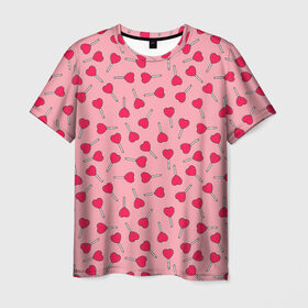 Мужская футболка 3D с принтом Сердечки на палочках в Екатеринбурге, 100% полиэфир | прямой крой, круглый вырез горловины, длина до линии бедер | 8 марта | love | девочки | женская | леденцы | любовь | подружке | сердечки | сосачки | чупа чупс