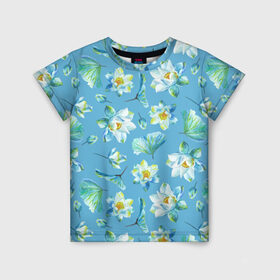 Детская футболка 3D с принтом Цветущие небесные кувшинки в Екатеринбурге, 100% гипоаллергенный полиэфир | прямой крой, круглый вырез горловины, длина до линии бедер, чуть спущенное плечо, ткань немного тянется | кувшинки | лето | цветы