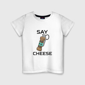 Детская футболка хлопок с принтом Say Cheese в Екатеринбурге, 100% хлопок | круглый вырез горловины, полуприлегающий силуэт, длина до линии бедер | Тематика изображения на принте: awp | breeki | cheeki | counter | cs | easy | everyday | ez | gg | go | just | katka | kill | knife | lemon | luck | mid | no | one | plant | pz | rush | shot | skill | smoke | squeeze | strike | wp | вп | гг | изи | катка | контра