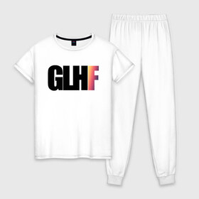 Женская пижама хлопок с принтом GLHF Gradient в Екатеринбурге, 100% хлопок | брюки и футболка прямого кроя, без карманов, на брюках мягкая резинка на поясе и по низу штанин | asiimov | asimov | beast | counter | counter strike | cs | easy | ez | gg | ggwp | global | go | gradient | howl | hyper | kill | offensive | one | shot | smoke | strike | азимов | вой | градиент | зверь | контра | лого | логотип 