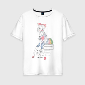 Женская футболка хлопок Oversize с принтом Девушка в Екатеринбурге, 100% хлопок | свободный крой, круглый ворот, спущенный рукав, длина до линии бедер
 | tegunvteg | дама с собачкой | животные | кошечка | кошка | силуэт