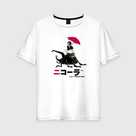 Женская футболка хлопок Oversize с принтом Cyberpunk 2077 Nicola drink в Екатеринбурге, 100% хлопок | свободный крой, круглый ворот, спущенный рукав, длина до линии бедер
 | bug | cyberpunk 2077 | drink | girl | japan | nicola
