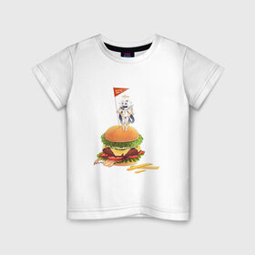 Детская футболка хлопок с принтом Завоевательница Паймон в Екатеринбурге, 100% хлопок | круглый вырез горловины, полуприлегающий силуэт, длина до линии бедер | арт | бургер | голодная паймон | жареная картошка | захват | захватчик | картошка фри | паймон | рисунок | флаг | флажок