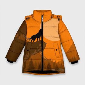 Зимняя куртка для девочек 3D с принтом Оранжевый закат в Екатеринбурге, ткань верха — 100% полиэстер; подклад — 100% полиэстер, утеплитель — 100% полиэстер. | длина ниже бедра, удлиненная спинка, воротник стойка и отстегивающийся капюшон. Есть боковые карманы с листочкой на кнопках, утяжки по низу изделия и внутренний карман на молнии. 

Предусмотрены светоотражающий принт на спинке, радужный светоотражающий элемент на пуллере молнии и на резинке для утяжки. | animals | wolf | волк | волки | животные | звери | зверь | луна | одиночество | одиночка | пёс | собака