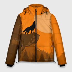 Мужская зимняя куртка 3D с принтом Оранжевый закат в Екатеринбурге, верх — 100% полиэстер; подкладка — 100% полиэстер; утеплитель — 100% полиэстер | длина ниже бедра, свободный силуэт Оверсайз. Есть воротник-стойка, отстегивающийся капюшон и ветрозащитная планка. 

Боковые карманы с листочкой на кнопках и внутренний карман на молнии. | Тематика изображения на принте: animals | wolf | волк | волки | животные | звери | зверь | луна | одиночество | одиночка | пёс | собака