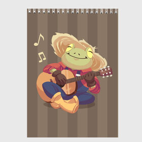Скетчбук с принтом Лягушка-фермер с гитарой в Екатеринбурге, 100% бумага
 | 48 листов, плотность листов — 100 г/м2, плотность картонной обложки — 250 г/м2. Листы скреплены сверху удобной пружинной спиралью | farmer | frog | guitar | music | toad | гитара | гитарист | жаба | жабка | лягушка | милый | музыка | фермер