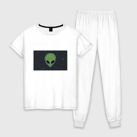 Женская пижама хлопок с принтом Alien в Екатеринбурге, 100% хлопок | брюки и футболка прямого кроя, без карманов, на брюках мягкая резинка на поясе и по низу штанин | звезды | комета | космос | метеориты | пришелец