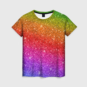 Женская футболка 3D с принтом Блестки радуги в Екатеринбурге, 100% полиэфир ( синтетическое хлопкоподобное полотно) | прямой крой, круглый вырез горловины, длина до линии бедер | абстракция | блеск | блестки | блестяжки | блестяшки | градиент | радуга | узор | фон | яркий узор