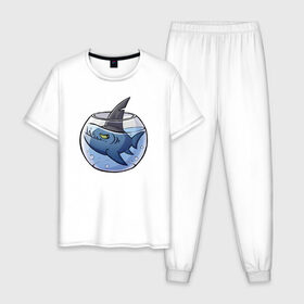 Мужская пижама хлопок с принтом Акула в аквариуме в Екатеринбурге, 100% хлопок | брюки и футболка прямого кроя, без карманов, на брюках мягкая резинка на поясе и по низу штанин
 | fish | аквариум | акула | рыба
