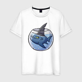 Мужская футболка хлопок с принтом Акула в аквариуме в Екатеринбурге, 100% хлопок | прямой крой, круглый вырез горловины, длина до линии бедер, слегка спущенное плечо. | fish | аквариум | акула | рыба
