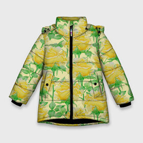 Зимняя куртка для девочек 3D с принтом Желтые розы на желтом фоне в Екатеринбурге, ткань верха — 100% полиэстер; подклад — 100% полиэстер, утеплитель — 100% полиэстер. | длина ниже бедра, удлиненная спинка, воротник стойка и отстегивающийся капюшон. Есть боковые карманы с листочкой на кнопках, утяжки по низу изделия и внутренний карман на молнии. 

Предусмотрены светоотражающий принт на спинке, радужный светоотражающий элемент на пуллере молнии и на резинке для утяжки. | 8 марта | flowers | summer | ботаническая иллюстрация | весна | желтый | зеленый | лето | листья | любовь | праздник | принт | природа | растения | розы | цветы