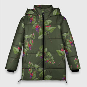 Женская зимняя куртка 3D с принтом Ветки фуксии на темно зеленом в Екатеринбурге, верх — 100% полиэстер; подкладка — 100% полиэстер; утеплитель — 100% полиэстер | длина ниже бедра, силуэт Оверсайз. Есть воротник-стойка, отстегивающийся капюшон и ветрозащитная планка. 

Боковые карманы с листочкой на кнопках и внутренний карман на молнии | 8 марта | flowers | summer | ботаническая иллюстрация | весна | зеленый | лето | листья | любовь | оливковый | праздник | принт | природа | растения | розовый | фиолетовый | фуксия | цветы