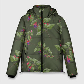 Мужская зимняя куртка 3D с принтом Ветки фуксии на темно зеленом в Екатеринбурге, верх — 100% полиэстер; подкладка — 100% полиэстер; утеплитель — 100% полиэстер | длина ниже бедра, свободный силуэт Оверсайз. Есть воротник-стойка, отстегивающийся капюшон и ветрозащитная планка. 

Боковые карманы с листочкой на кнопках и внутренний карман на молнии. | 8 марта | flowers | summer | ботаническая иллюстрация | весна | зеленый | лето | листья | любовь | оливковый | праздник | принт | природа | растения | розовый | фиолетовый | фуксия | цветы