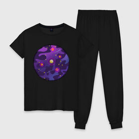 Женская пижама хлопок с принтом Мой космос! в Екатеринбурге, 100% хлопок | брюки и футболка прямого кроя, без карманов, на брюках мягкая резинка на поясе и по низу штанин | tgcarpg | звезды | кометы | космос | планеты | розовый | солнце | фиолетовый