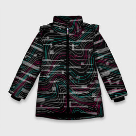 Зимняя куртка для девочек 3D с принтом Cyberpunk Waves в Екатеринбурге, ткань верха — 100% полиэстер; подклад — 100% полиэстер, утеплитель — 100% полиэстер. | длина ниже бедра, удлиненная спинка, воротник стойка и отстегивающийся капюшон. Есть боковые карманы с листочкой на кнопках, утяжки по низу изделия и внутренний карман на молнии. 

Предусмотрены светоотражающий принт на спинке, радужный светоотражающий элемент на пуллере молнии и на резинке для утяжки. | cyberpunk | glitch | волны | глитч | киберпанк | узор | футуристичный